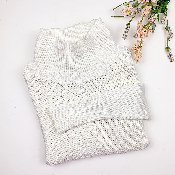 White House Black Market Sweaters - WHBM Ecru High-Neck Mixed-Stitch High-Low Sweater